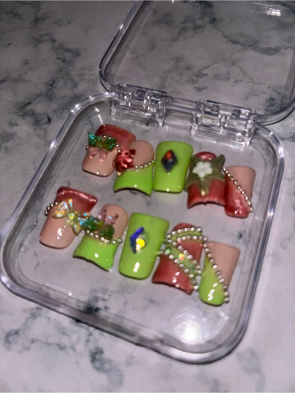 Handmade Neon Green & Peach Crystal Accent Press-On Nails